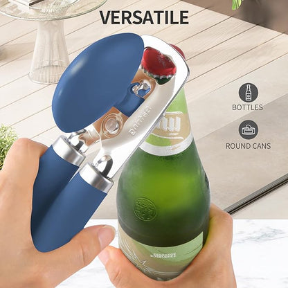 Safring Can Opener Manual, Heavy Duty Stainless Steel Smooth Edge Can Opener With Soft Touch Handle, Oversized Handheld Easy Turn Knob, Multi-Function Bottle Opener, Blue