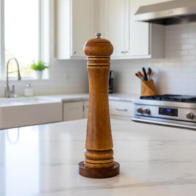 Wood Salt and Pepper Grinder, Salt Grinder and Pepper Mill, Oak Wood Shakers with Adjustable Ceramic Grinders (10″ - 1 Pack with Tray) - Image 4