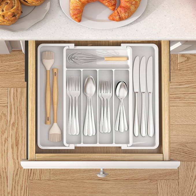 Lifewit Silverware Drawer Organizer, Expandable Utensil Tray for Kitchen, BPA Free Flatware and Cutlery Holder, Adjustable Plastic Storage for Spoons Forks Knives, 8.5-14 x 12", White - Image 8