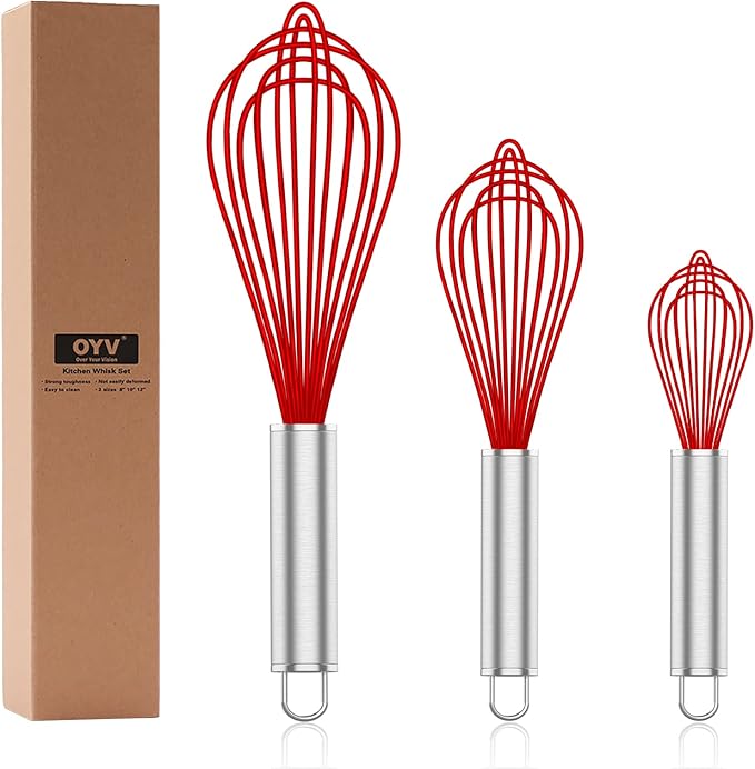 OYV Silicone Rubber Whisk,Premium Whisks For Cooking Non Scratch,Stainless Steel & Silicone Wisk For Nonstick Cookware Pans, High Heat Resistant kitchen Whisks set of 3,Red by OYV
