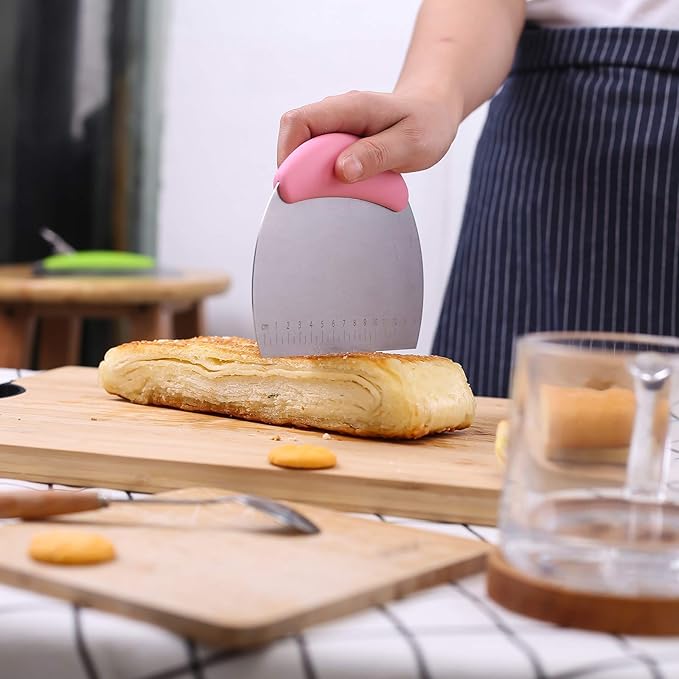 1 pcs Dough Pastry Scraper Chopper/Stainless Steel Dough Scraper Cutter with Ergonomic Rubber Non-Slip Grip/Dough Scraper Cutter/Pro Pastry Pizza Cutter Chopper (Pink) - Image 5