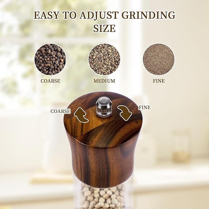 XWXO Acacia Wood Premium Acrylic Salt and Pepper Grinder Set 8 Inches Salt and Pepper Mill Set, Manual Mills- Wooden Shakers with Adjustable Ceramic Core 2 Pack for Kitchen Home Gift - Image 6