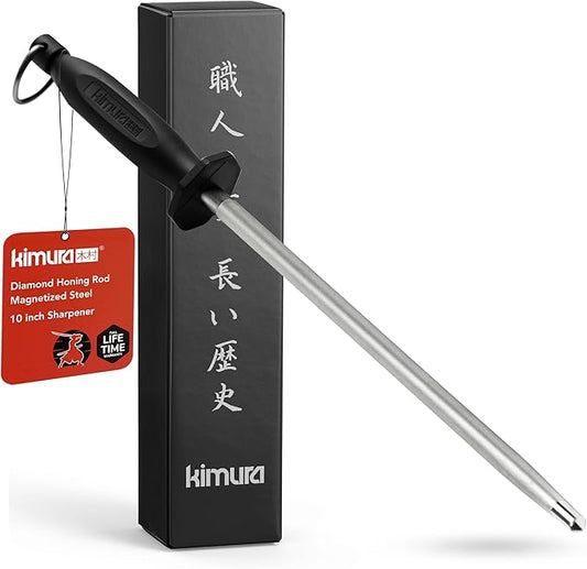 Kimura Professional Diamond Honing Steel, 10 inch Honing Rod, Diamond Knife Sharpener, Magnetized Steel, Ergonomic & Balanced Polypropylene Handle, Ideal for All Chef Knives, Japanese Gift Box