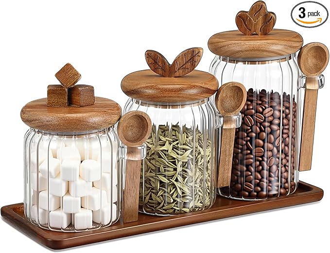 Suclain 3 Pcs Glass Coffee Container with Acacia Wood Lid & Spoon, 25oz, 20.3oz, 15oz Airtight Glass Jar with Wooden Shelf, Food Storage Containers Coffee Jar Tea Container(Acacia Color) by Suclain