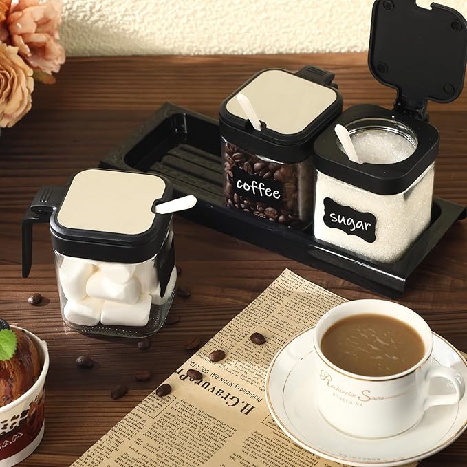 Suclain 3 Pcs Glass Coffee Containers Coffee Station Organizer Set, Airtight Bean Storage Jars with Shelf,labels,spoon, Base and Pen,for Sugar, Candy, Oats, Nuts(Black) - Image 2