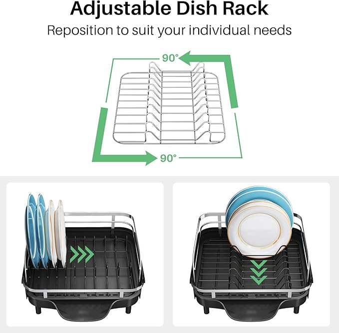 SNTD Dish Drying Rack, Expandable Dish Rack for Kitchen Counter, Stainless Steel Dish Drainer with Drainboard Set and Utensil Holder (Black) - Image 6