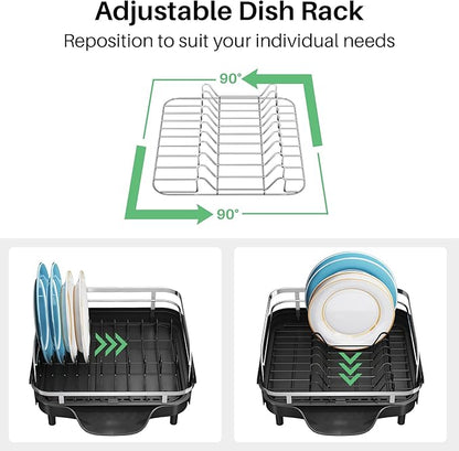 SNTD Dish Drying Rack, Expandable Dish Rack for Kitchen Counter, Stainless Steel Dish Drainer with Drainboard Set and Utensil Holder (Black) - Image 6