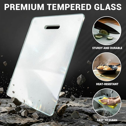 Tempered Glass Cutting Board for Kitchen Counter, 16"x12" Clear Chopping Board with Handle, Non-toxic, Plastic Free, Scratch Resistant, Heat Resistant, Dishwasher Safe, Easy to Clean