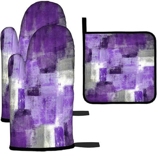 LOKMU Oven Mitts and Pot Holders Set of 3, Purple and Grey White Abstract Art Heat Resistant Kitchen Gloves Hot Pads for Cooking Baking BBQ, Kitchen Decor Gifts for Cooking Lover Cooks
