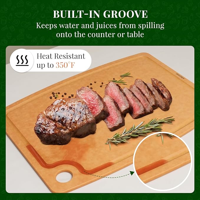 Kikcoin Wood Cutting Board, Cutting Boards for Kitchen Dishwasher Safe Non-slip Chopping Board with Juice Groove, Wood Fiber Composite Cutting Board with Hanging Hole, 14.6"*10.8" - Image 4