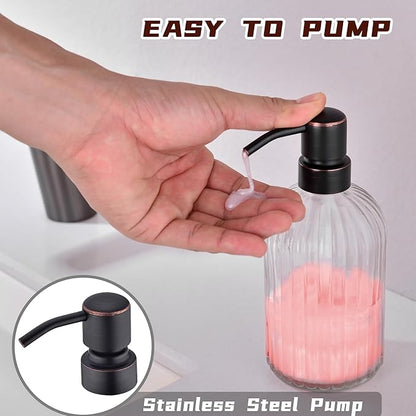 16Oz Clear Glass Soap Dispenser with Rust Proof Bronze Stainless Steel Pump, Refillable Bathroom Soap Dispenser with Vertical Stripe, Oil Rubbed Bronze Pump Kitchen Dispensers