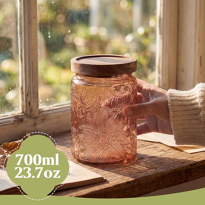 Willinglong 2 Pack 23.7oz Colored Vintage Glass Storage Jars with Wooden Lids Embossed Floral Decorative Canisters for Kitchen Countertop Airtight Container for Sugar Cookie Coffee Tea(Green, Brown) - Image 3