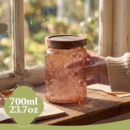 Willinglong 2 Pack 23.7oz Colored Vintage Glass Storage Jars with Wooden Lids Embossed Floral Decorative Canisters for Kitchen Countertop Airtight Container for Sugar Cookie Coffee Tea(Green, Brown) - Image 3