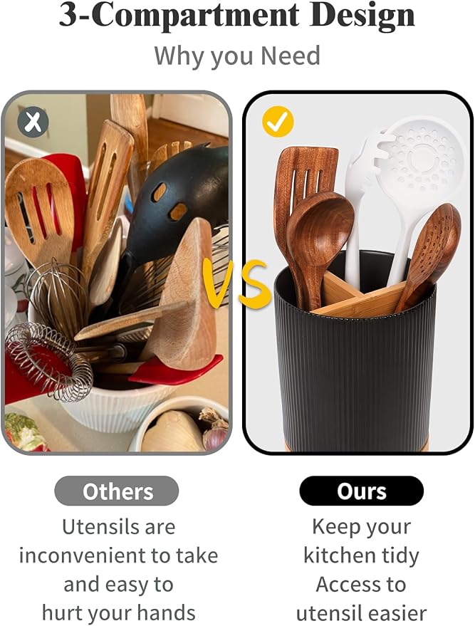 LoeJan 3 Compartment Utensil Holder, Extra Large Utensil Crock, Stable Ceramic Utensil Organizer, Cooking Tool Organizer Set for Kitchen Counter Farmhouse Decor (B-Black(Vertical Stripe)) - Image 5
