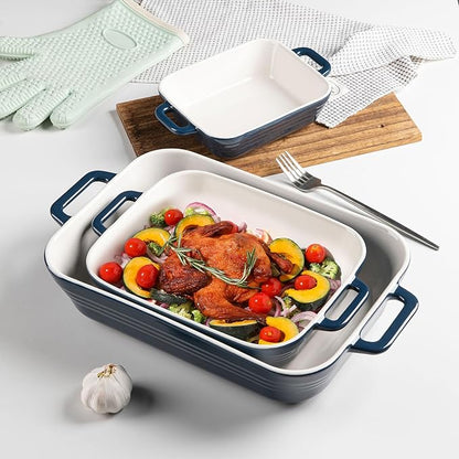 Sweejar Relief Casserole Dishes for Oven, Ceramic 9x13 Baking Pans Set for Cooking, Cake, Banquet and Daily Use, Rectangular Bakeware Set, Porcelain Baking Dish, Lasagna Pan Deep with Handles(Navy) - Image 2