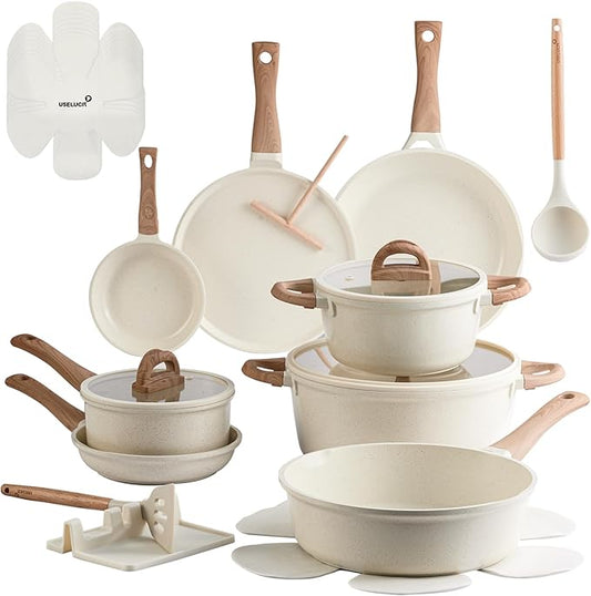 22 Pcs Pots and Pans Set Non Stick Non-Toxic Ceramic Kitchen Cookware Sets Nonstick Pot&Pan With Lid Cream White Granite Induction Compatible with Glass Lids Crepe by useluck