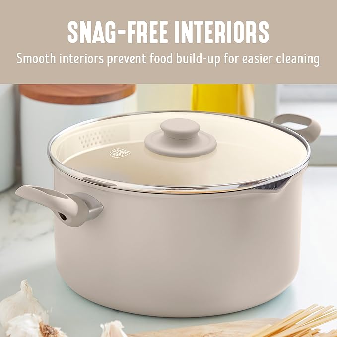 GreenLife 6QT Ceramic Nonstick Stockpot with Glass Straining Lid, PFAS-Free, Dishwasher Safe, Stay-Cool Handles, Oven Safe to 350°F, Wobble-Free Base, Even Heating, Taupe - Image 7