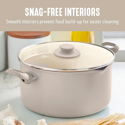 GreenLife 6QT Ceramic Nonstick Stockpot with Glass Straining Lid, PFAS-Free, Dishwasher Safe, Stay-Cool Handles, Oven Safe to 350°F, Wobble-Free Base, Even Heating, Taupe - Image 7