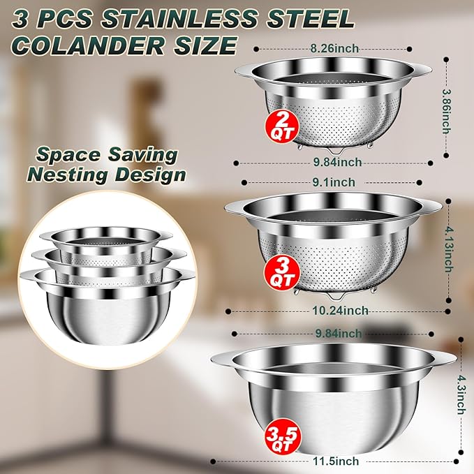 Stainless Steel Colanders with Mixing Bowl - 3.0QT & 2.0QT Strainer and Colander with Handle, 3.5QT Nesting Kitchen Bowl with Colander For Pasta, Vegetables, Fruit, Rice, 3PCS - Image 2