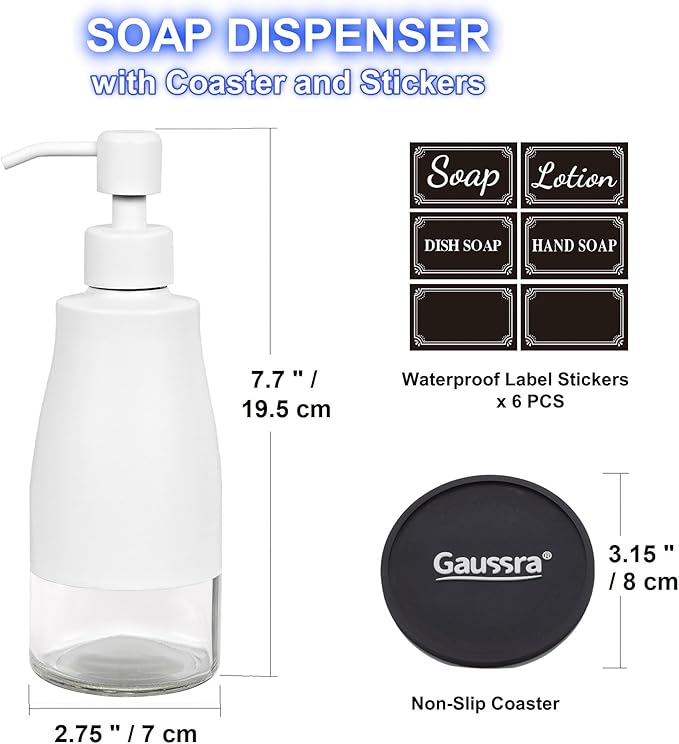 Gaussra White Soap Dispenser with Coaster and Stickers, Stainless Steel and Glass Bottle Hand Pump Dispenser, Refillable Liquid Hand Soap Dispenser for Bathroom & Kitchen (11OZ / 320ML) - Image 3