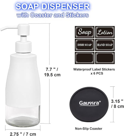 Gaussra White Soap Dispenser with Coaster and Stickers, Stainless Steel and Glass Bottle Hand Pump Dispenser, Refillable Liquid Hand Soap Dispenser for Bathroom & Kitchen (11OZ / 320ML) - Image 3