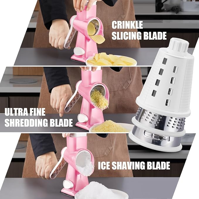 KEOUKE Rotary Cheese Grater Pro 6 in 1 - Shredder Crinkle Slicer Grinder Ice Shaver, Stable Suction, Time-saving Easy Use & Clean, Safe Morden Kitchen Tool for Cheese, Vegetable, Nuts, Chocolate - Image 2
