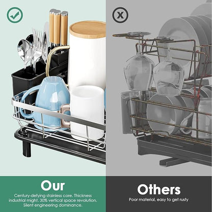 MOUKABAL Dish Drying Rack, Dish Rack, Stainless Steel Dish Racks for Kitchen Counter, Dish Drainer with Removable Utensil Holder, Drainboard (Black,Stainless Steel,13''W x 17''L) - Image 4