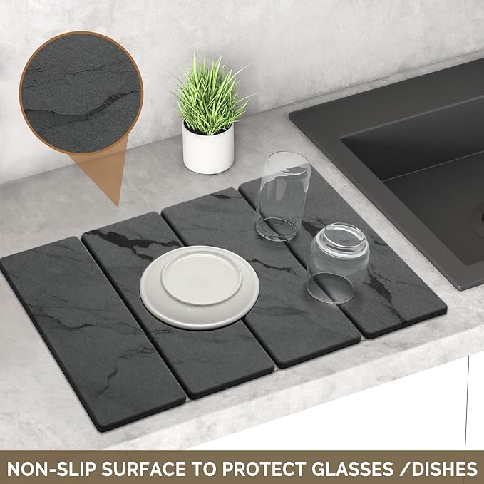 Large Stone Dish Drying Mat for Kitchen Counter, 2 PCS Quick Dry Stone Mats, Foldable Water Absorbing Diatomaceous Earth Drying Dishes Pad for Countertop Bottles Utensils Cup(Dark gray 24"x16"&8"x4") - Image 4