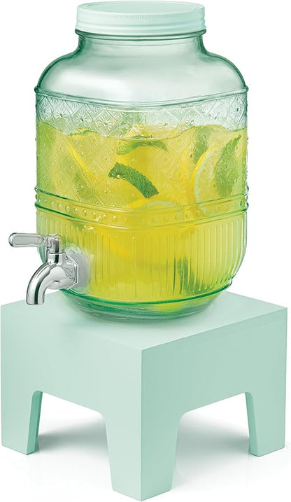 Beverage Dispenser 1 Gallon, Glass Drink Dispenser with Wooden Base Stand, Wide Mouth Jar for Lemonade, Iced Tea, Infused Water, Vintage Kitchen Decor - Green