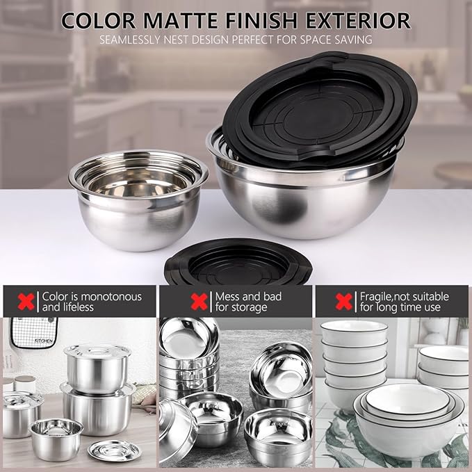 Leidawn Mixing Bowls with Lids set - 25 PCS Stainless Steel Nesting Black Mixing Bowls Set for Baking, Mixing, Serving & Prepping, Size 5, 3.7, 2.8, 2.3, 1.7, 1.1, 0.7QT, 11 Cooking Utensils - Image 6