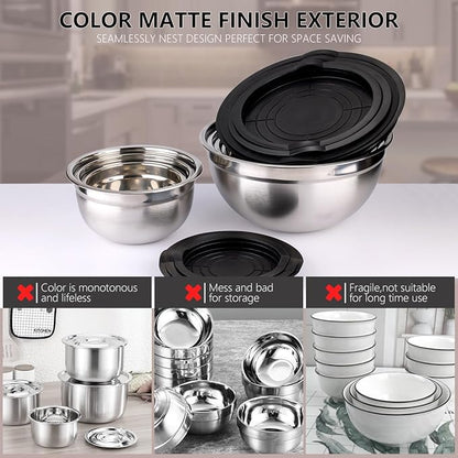 Leidawn Mixing Bowls with Lids set - 25 PCS Stainless Steel Nesting Black Mixing Bowls Set for Baking, Mixing, Serving & Prepping, Size 5, 3.7, 2.8, 2.3, 1.7, 1.1, 0.7QT, 11 Cooking Utensils - Image 6