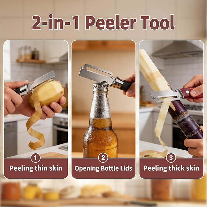 Multifunctional Vegetable Peeler, 2 in 1 Stainless Steel Fruit Veggie Peeler, Handheld Potato Peeler Knife with Bottle Opener Kitchen Tool for Peeling Carrrot Pineapple Pumpkin Papaya(2 Pack) - Image 4
