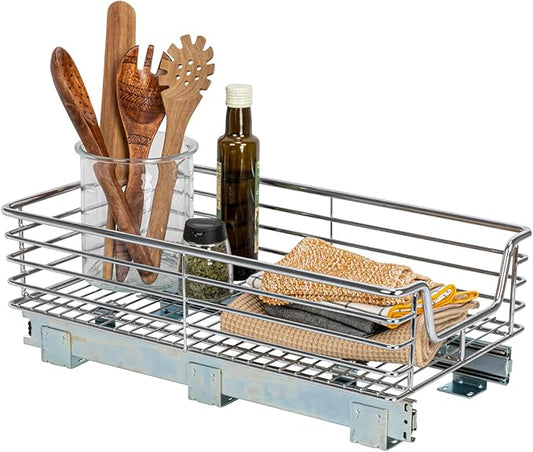 Household Essentials Glidez Chrome-Plated Steel 1-Tier Sliding Under Sink Cabinet Organizer, Chrome , 14.5"