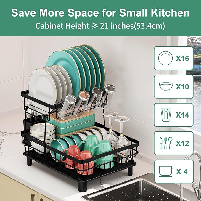 MOUKABAL Dish Drying Rack, Dish Rack, Stainless Steel Dish Racks for Kitchen Counter, Dish Drainer with Removable Utensil Holder, Drainboard (Black,2 Tier,13''W x 17''L) - Image 6