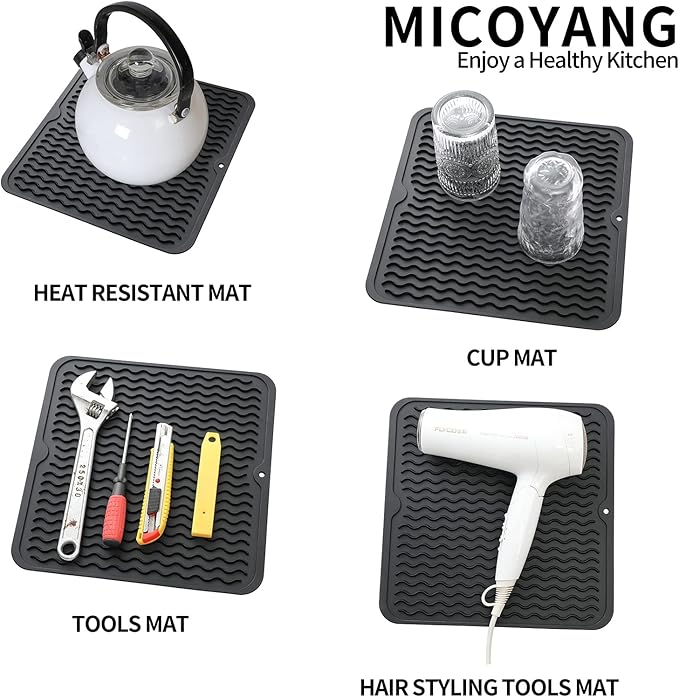 MicoYang Silicone Dish Drying Mat for Multiple Usage,Easy clean,Eco-friendly,Heat-resistant Silicone Mat for Kitchen Counter or Sink,Refrigerator or Drawer liner Black M 12 inches x 12 inches - Image 3