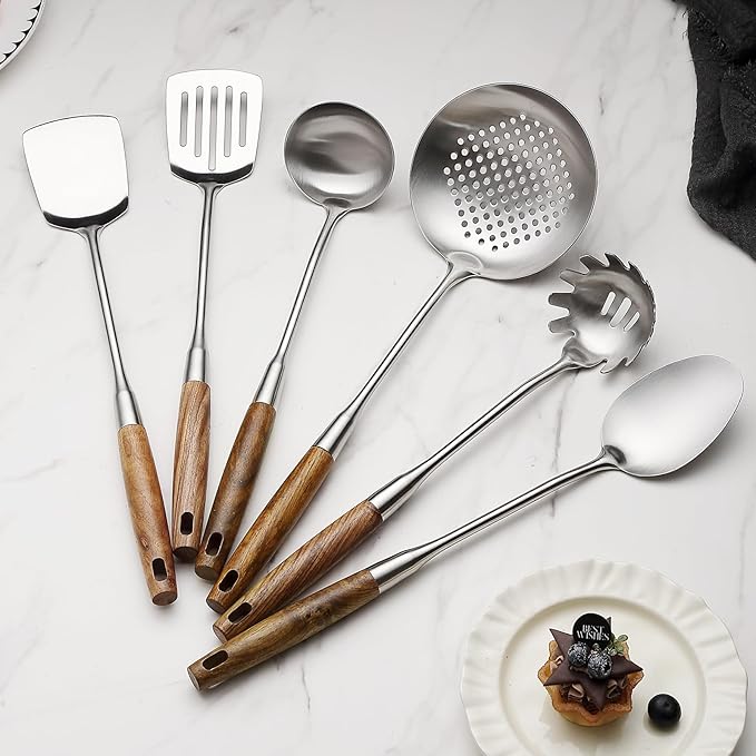 6 Pcs Cooking Utensils Set 304 Stainlss Steel Kitchen Utensils Set Heat Resistant Wooden Handle Kitchen Tools Metal Kitchen Utensil Soup Ladle Set, Dishwasher Safe - Image 6