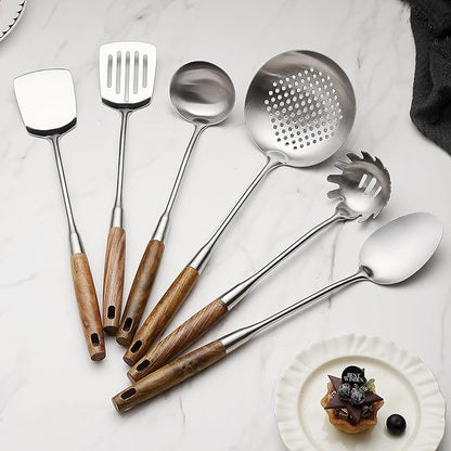 6 Pcs Cooking Utensils Set 304 Stainlss Steel Kitchen Utensils Set Heat Resistant Wooden Handle Kitchen Tools Metal Kitchen Utensil Soup Ladle Set, Dishwasher Safe - Image 6