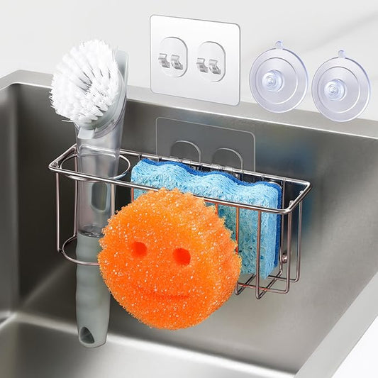 3-IN-1 Multiuse Sponge Holder for Kitchen Sink, Sponge Caddy for Scrub Daddy/Scrub Mommy Smiley Face, Sink Organizer Accessories for Dish Brush, Scrubber - with 2 Suction Cups & 1 Adhesive Hook by MakeLifeBetterEasier
