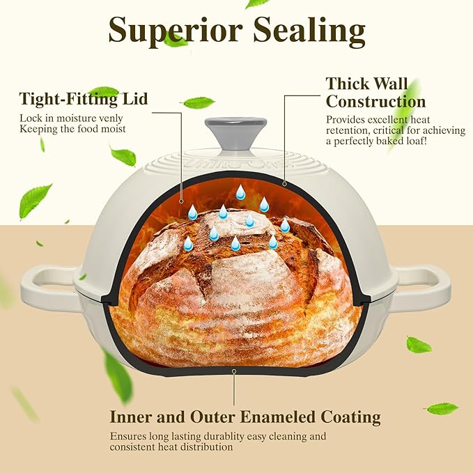 Enameled Round Cast Iron Bread Oven, 6 Qt Cast Iron Dutch Oven for Homemade Sourdough Bread Baking, Bread Pot with Dome Lid & Cotton Potholders (Cream White) - Image 7