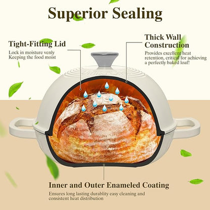 Enameled Round Cast Iron Bread Oven, 6 Qt Cast Iron Dutch Oven for Homemade Sourdough Bread Baking, Bread Pot with Dome Lid & Cotton Potholders (Cream White) - Image 7