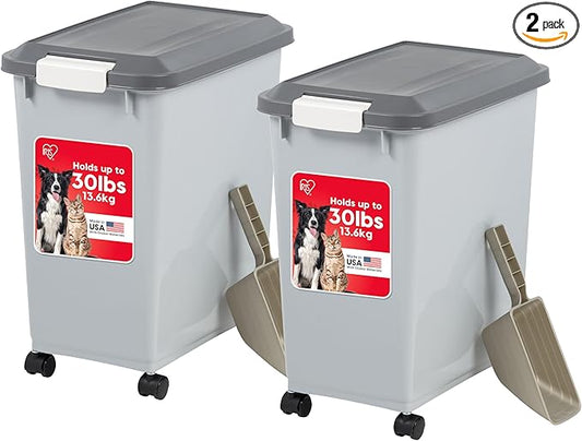 IRIS USA Dog Food Storage Container with Wheels, Airtight Lid, 2-Cup Scoop, Up to 30 Pounds Pet Food Storage, Built in Scoop Storage in Lid, Pet Food Bin, Portable, BPA Free, 2 Pack, Gray/Dark Gray by IRISUSA