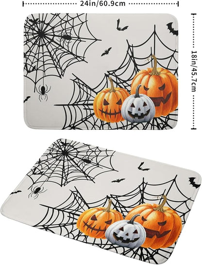 Giwawa Happy Halloween Dish Drying Mat 18"x24" Spooky Colorful Pumpkins Decorative Dish Drainer Mats Horrible Spider Web Bats Reversible Dish Drying Pad for Kitchen Countertop Dining Room