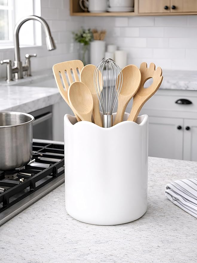 Ceramic Utensil Holder for Kitchen Counter, 7.1" Large Kitchen Utensil Holder for Countertop with Cork Bottom, Cooking Tool Organizer for Spatula, Matte White - Image 2