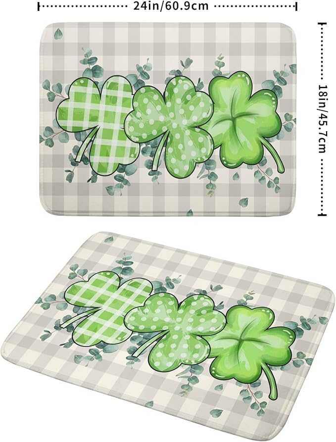 Giwawa Patrick Dish Drying Mat for Kitchen Green Clovers Grey Buffalo Plaids Dish Drainer Mats 18x24inch Spring Leaf Dish Drying Rack Pad Protector for Countertop Dining Holiday Decor