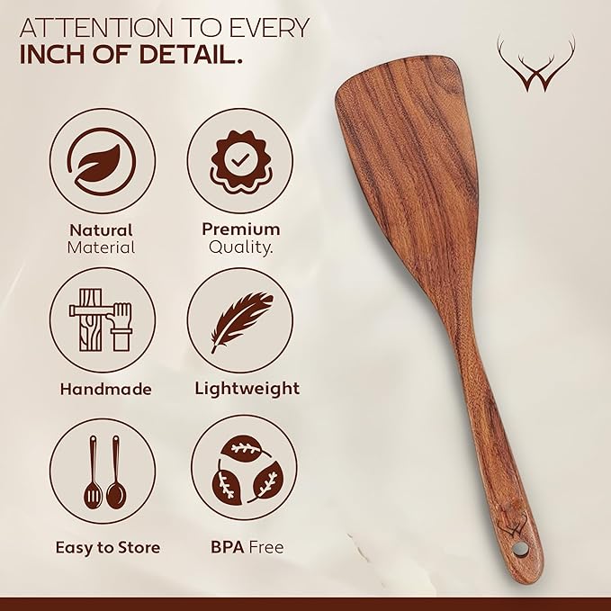 9 Pcs Teak Wooden Spoons for Cooking with Rest - Premium Utensils Set with Long Handles – Heat-Resistant Kitchen Tools for Stirring, Mixing, Serving – Durable Cooking Utensils Set with Spatula - Image 4