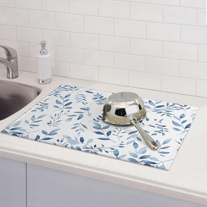 Blue Flower Dish Drying Mat For Kitchen Counter Absorbent Large Kitchen Fast Dry Pad Reusable Washable Protector Rack Large Mat 18 X 24