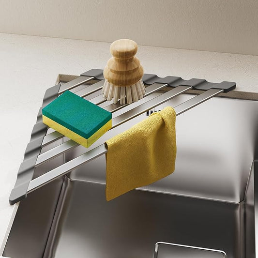 COOL-ANGLE Corner Sink Drying Rack, 16"x9.5" Rust-Proof Aluminum Triangular Dish Drainer, Heat Resistant Roll Up Mat for Kitchen Counter, Sponge Holder & Organizer with Non-Slip Silicone Base, Gray