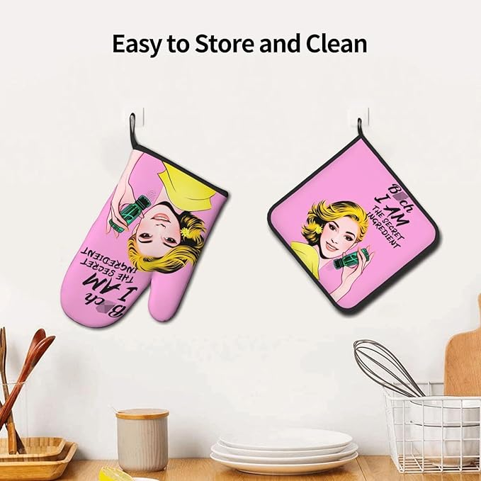 Cute Pink Oven Mitts and Pot Holders Set of 3, Heat Resistant Non-Slip Funny Hot Pad and Kitchen Gloves, Spring Funny Gifts for Cooking Lovers Women, Fun Kitchen Decor for Baking Cooking Grilling - Image 5