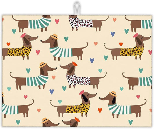 Dachshunds Dogs Dish Drying Mats 18x24 Inch,Leopard Print Hearts Dish Pad Drying Rack Mat for Kitchen Counter Ultra Absorbent Microfiber Dishware Coffee Maker Bar Countertop Decor
