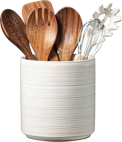 Large Utensil Holder for Kitchen Counter, 7.3” Ceramic Cooking Utensil Crocks for Spatula & Spoon, Farmhouse Kitchen Utensil Holder with Cork, Home Decor, Off-White